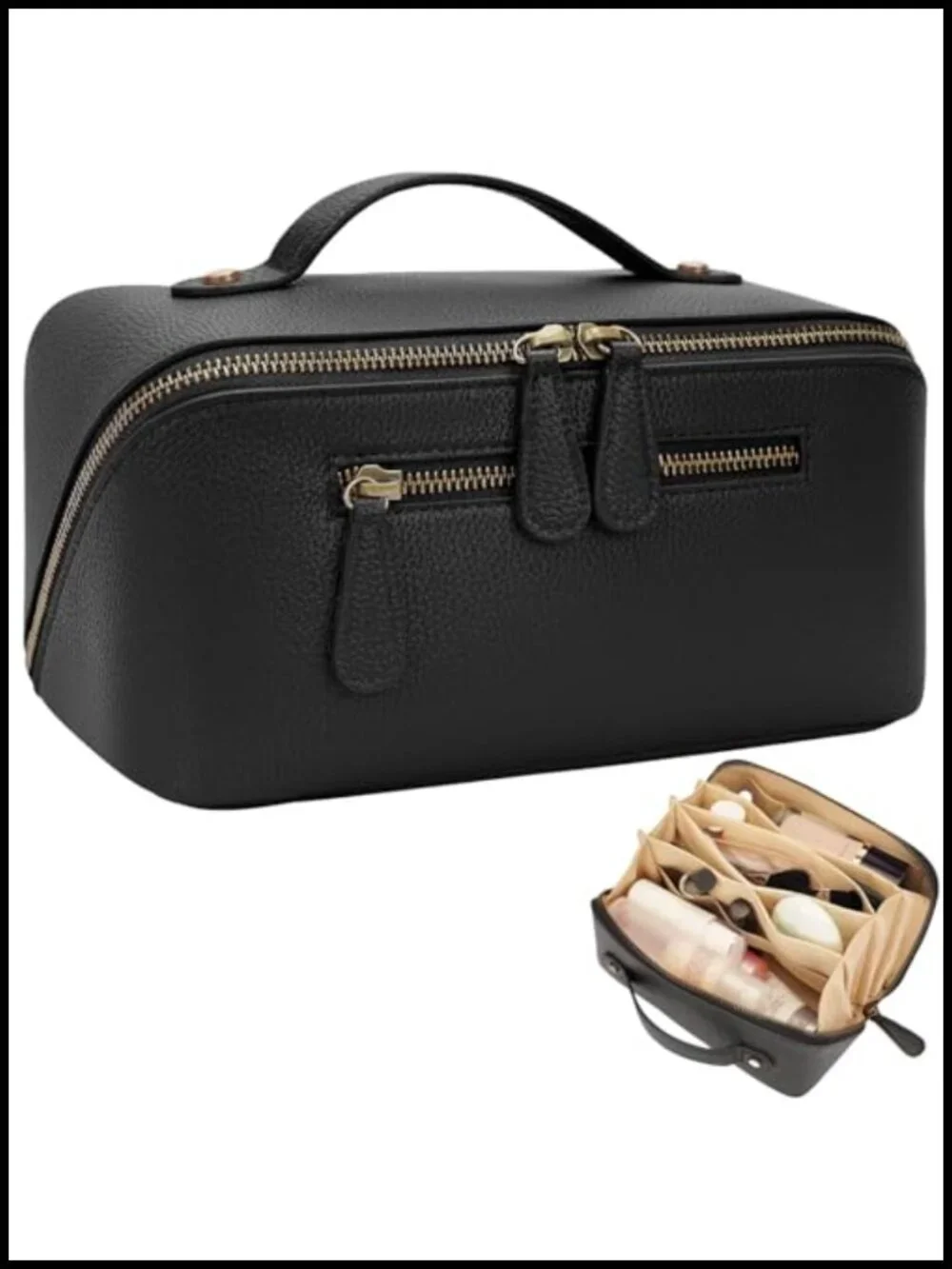 PU Leather Waterproof Travel Makeup Bag with Dividers and Handle